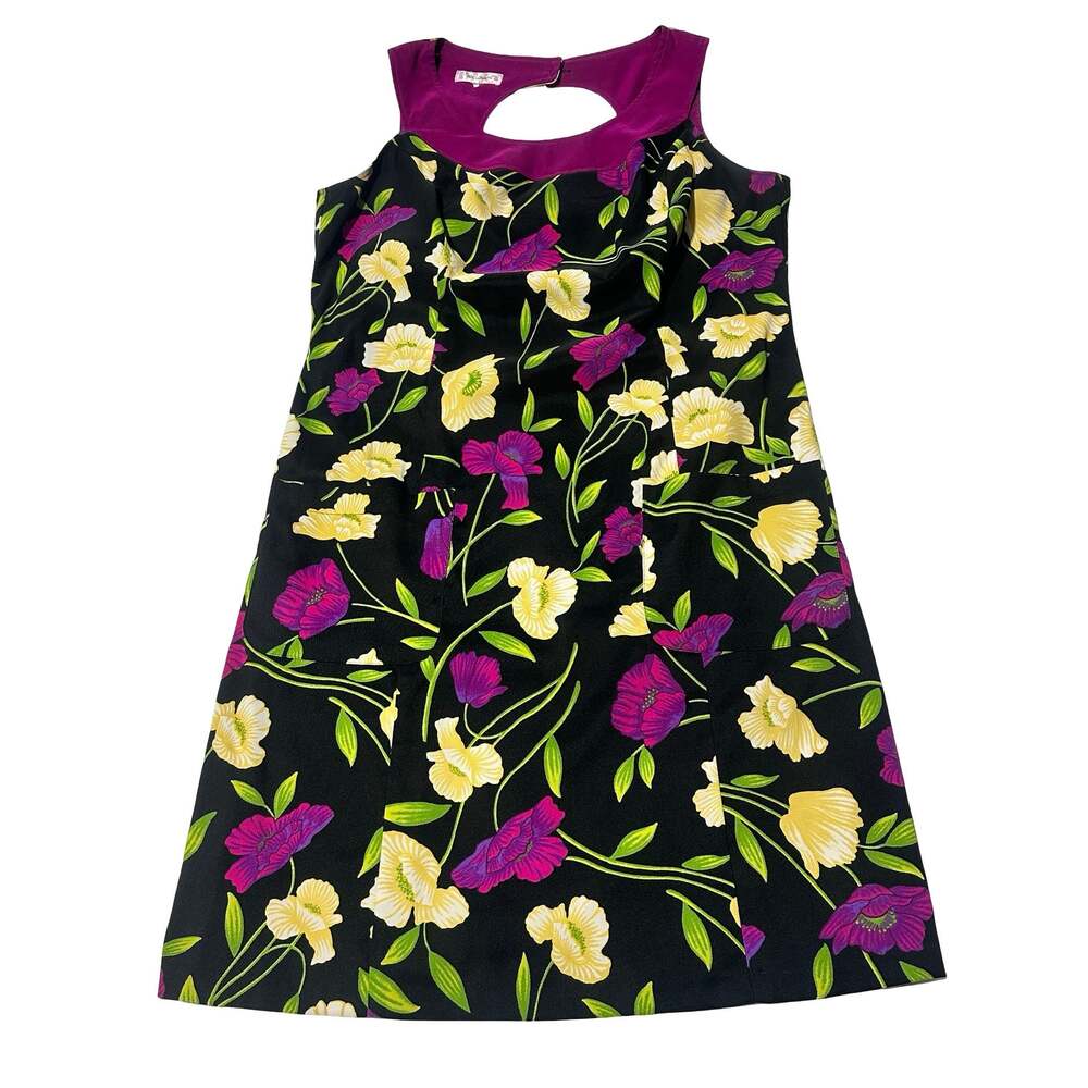 Dressbarn Plus 16W Sleeveless Floral A-Line Keyhole Bk Purple Yellow Dress